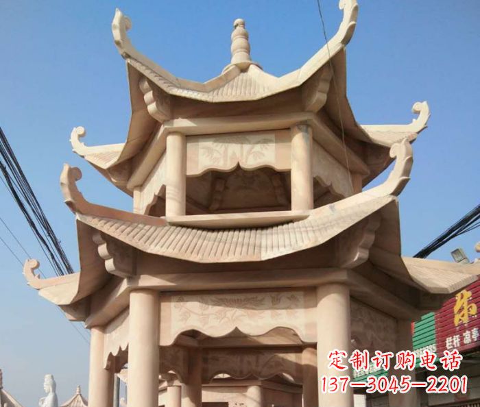 长沙园林景观晚霞红双层石雕凉亭 (2)