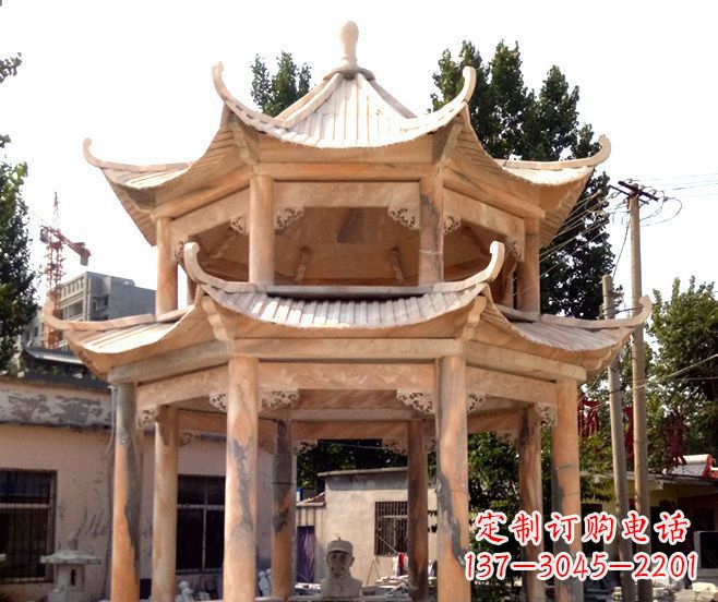长沙园林景观晚霞红双层石雕凉亭