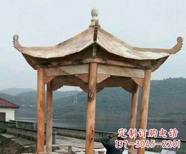 长沙园林晚霞红单层石凉亭景观石雕