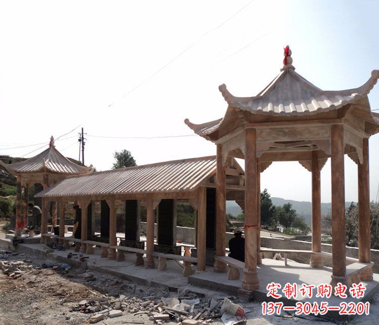 长沙园林晚霞红长廊凉亭景观石雕