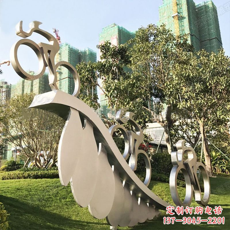 长沙自行车雕塑-抽象不锈钢骑自行车人物景观雕塑